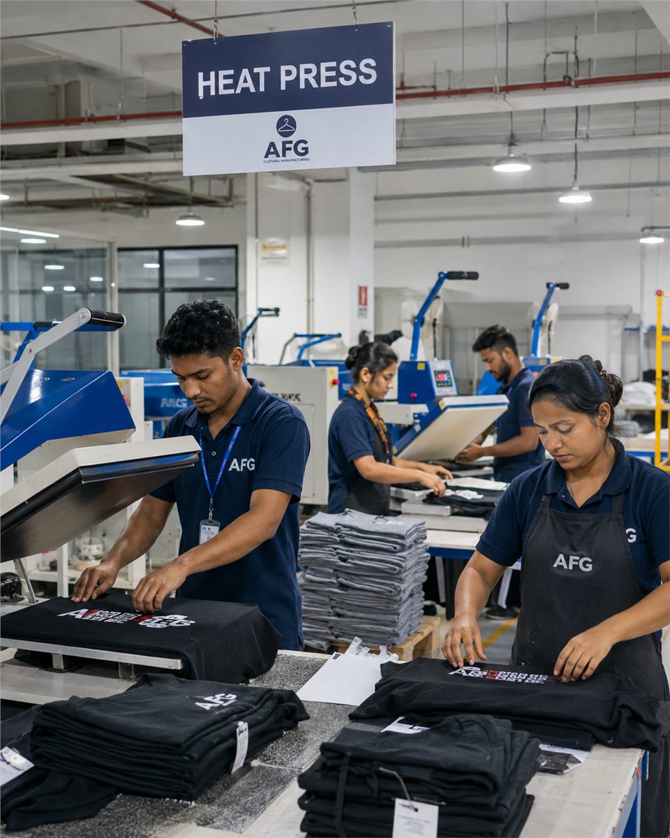 AFG heat press department applying garment graphics